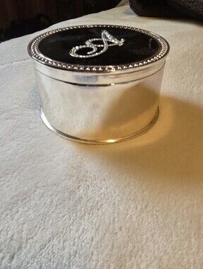 Silver Safe Keeper Oval Jewelry Box with Black Velvet Top and Rhinestone 'A'